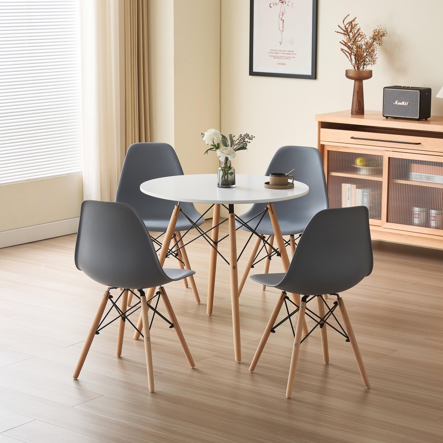 5 Piece Dining Set Round Table White Top 4 Chairs Black White Grey Dining Area