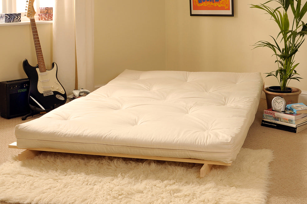 Wooden Futon sofa bed frame with a Standard Mattress