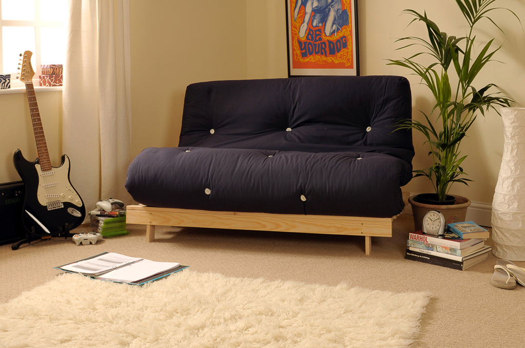 Wooden Futon sofa bed frame with a Standard Mattress