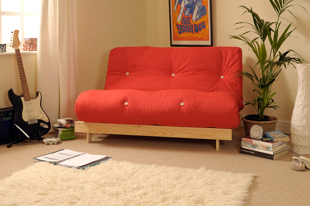 Wooden Futon sofa bed frame with a Standard Mattress