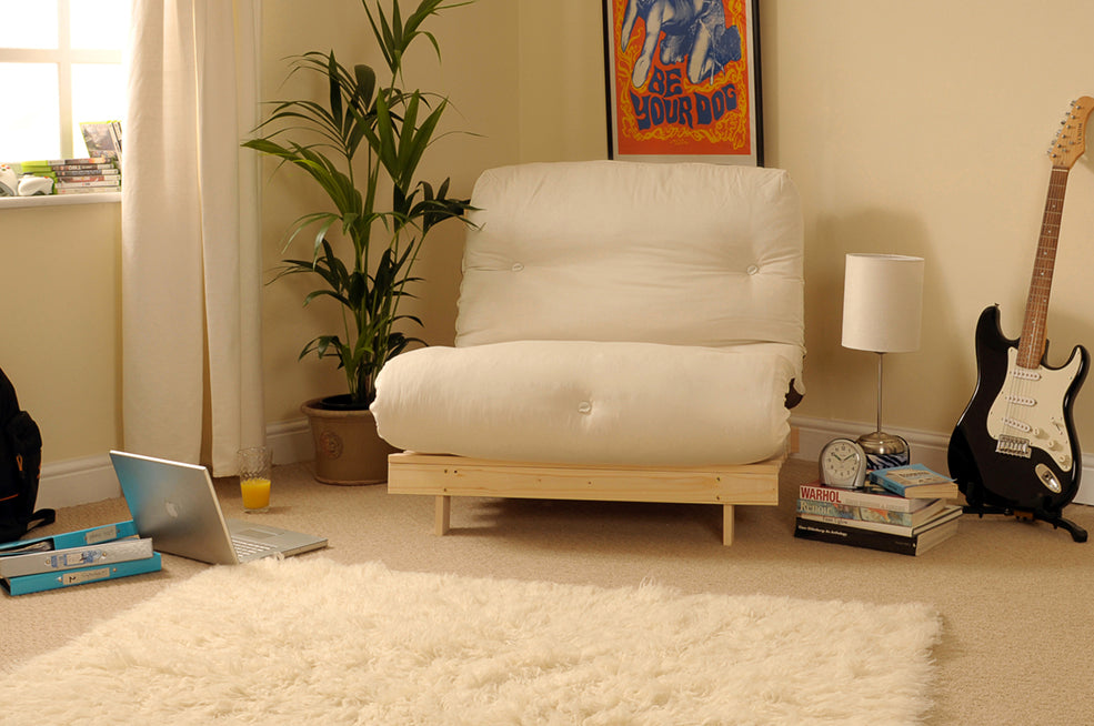 Wooden Futon sofa bed frame with a Standard Mattress