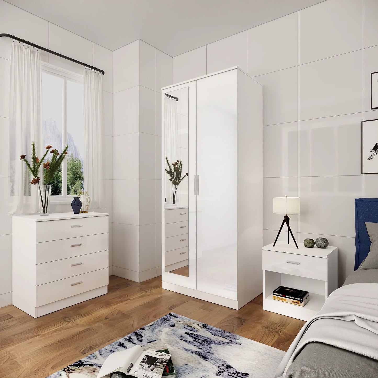 High Gloss Bedroom Furniture 3 Piece Trio Set Wardrobe Chest Bedside