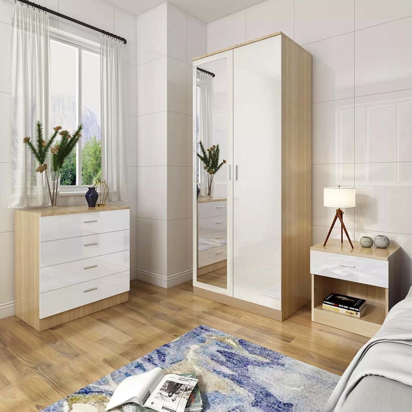 High Gloss Bedroom Furniture 3 Piece Trio Set Wardrobe Chest Bedside